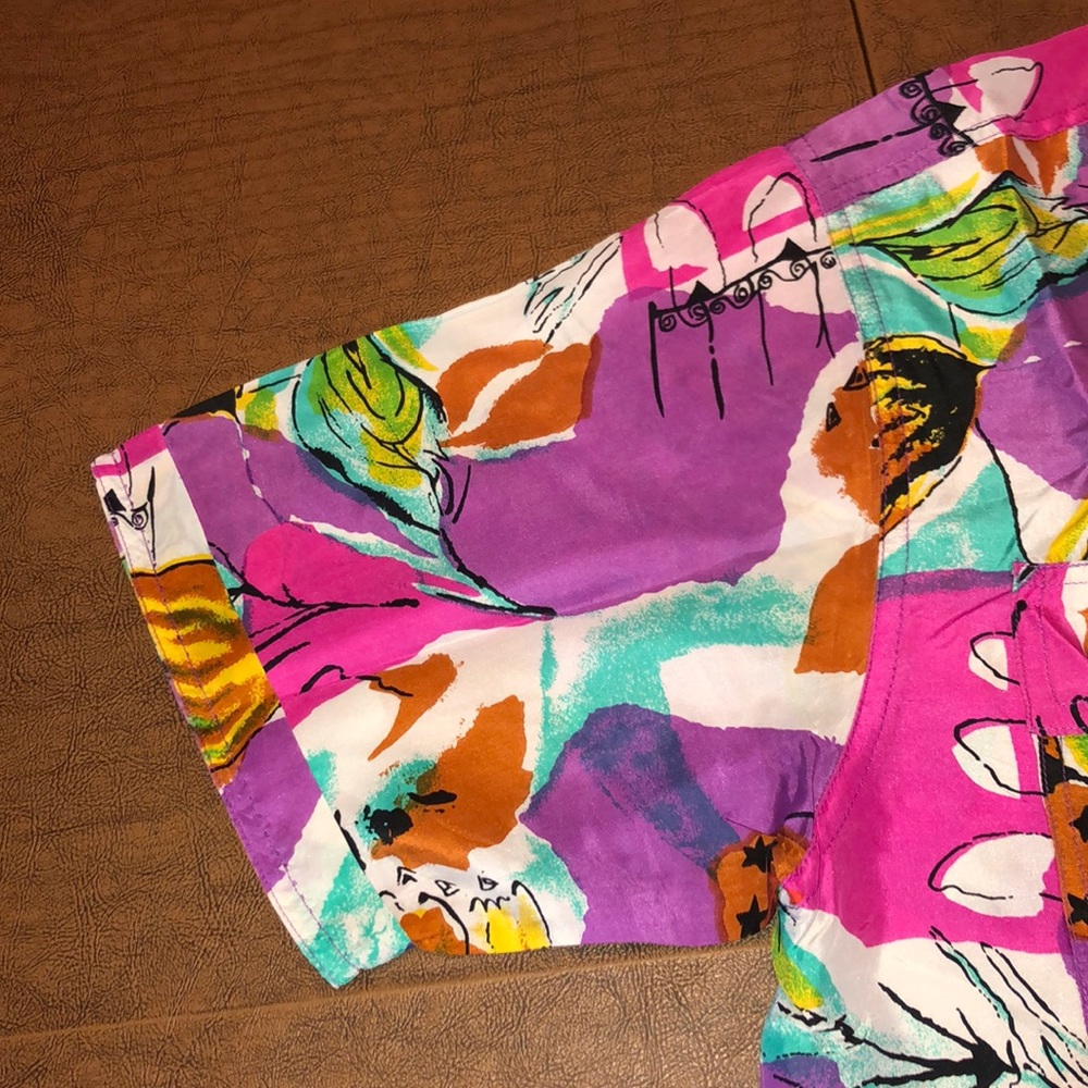 Vtg Abstract Colorful 1980's Silk Button Shirt M - image 3